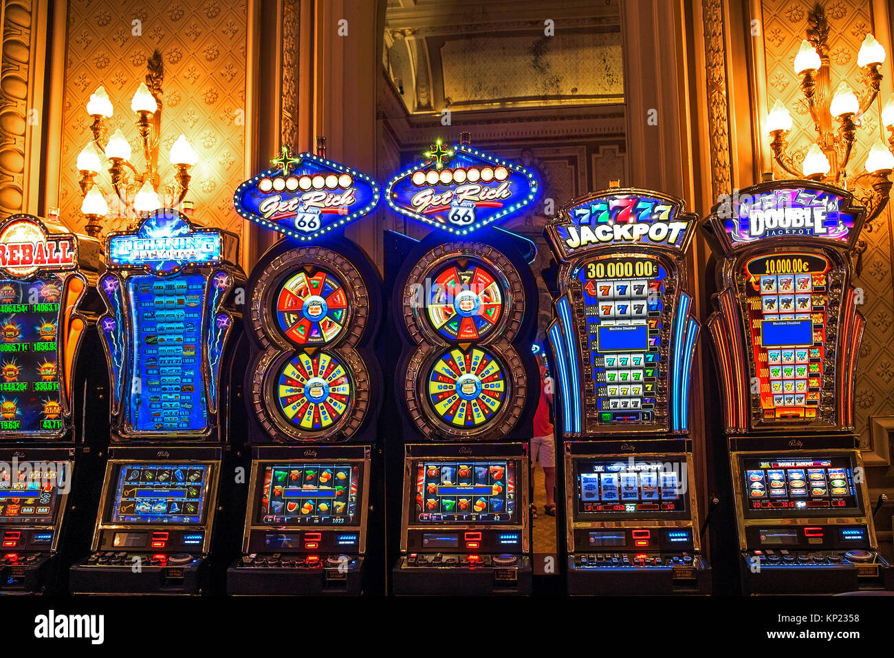slot machines inside monte carlo casino, monaco. Stock Photo