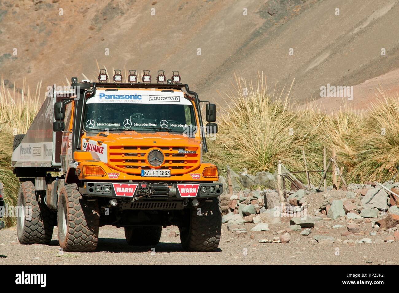 Mercedes Truck, World record high. Chile, Region III of Atacama, Chile, South America. Andean Atacama Desert. Stock Photo