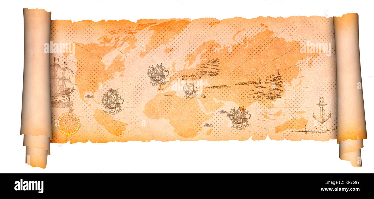 Medieval parchment scroll with ancient map and antique elements Stock