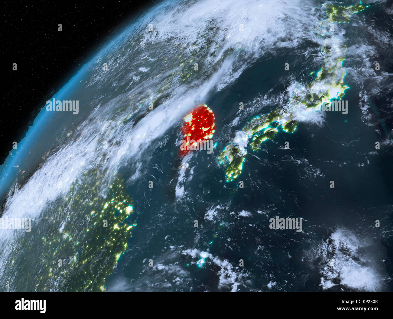 Illustration of South Korea as seen from Earth’s orbit at night. 3D ...