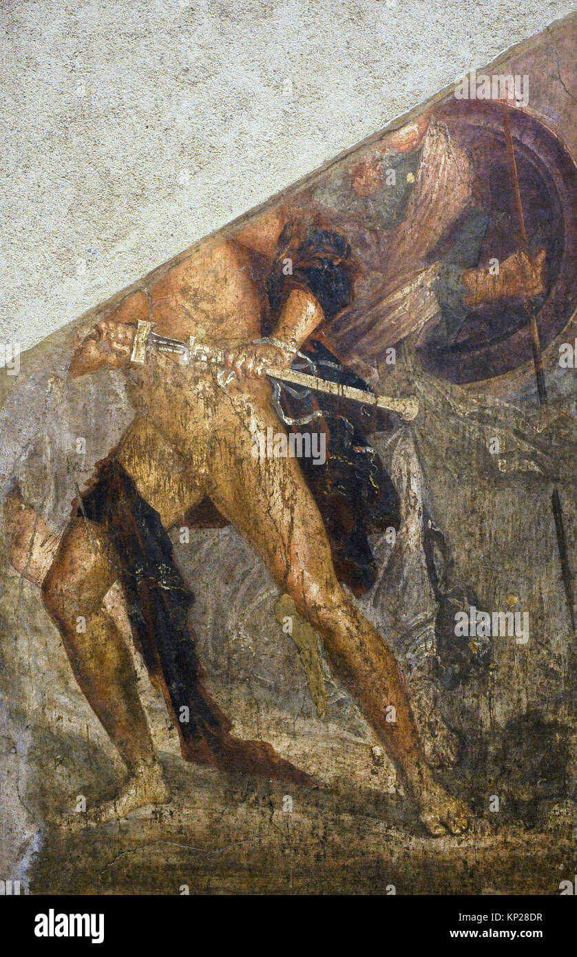 Roman fresco depicting Achilles attacking Agamemnon. Only part of the body of the hero is preserved with his sword, assisted by Athena. Tablinium. House of the Dioscuri. Pompeii. National Archaeological Museum. Naples. Italy. Stock Photo