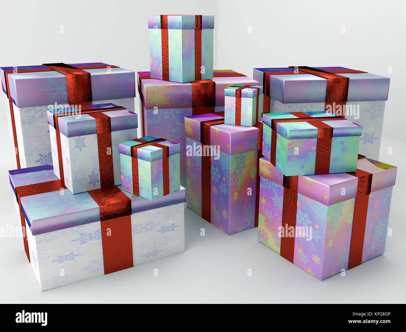 3D rendering of Bunch of Christmas present boxes over white background Stock Photo