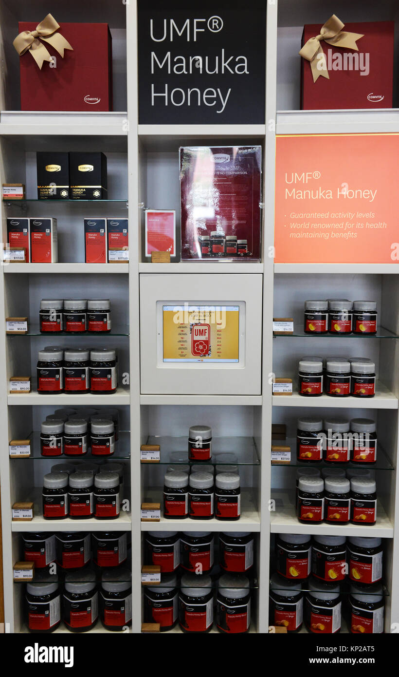 Manuka honey sold in many Tax free shops in Auckland, New Zealand. Stock Photo