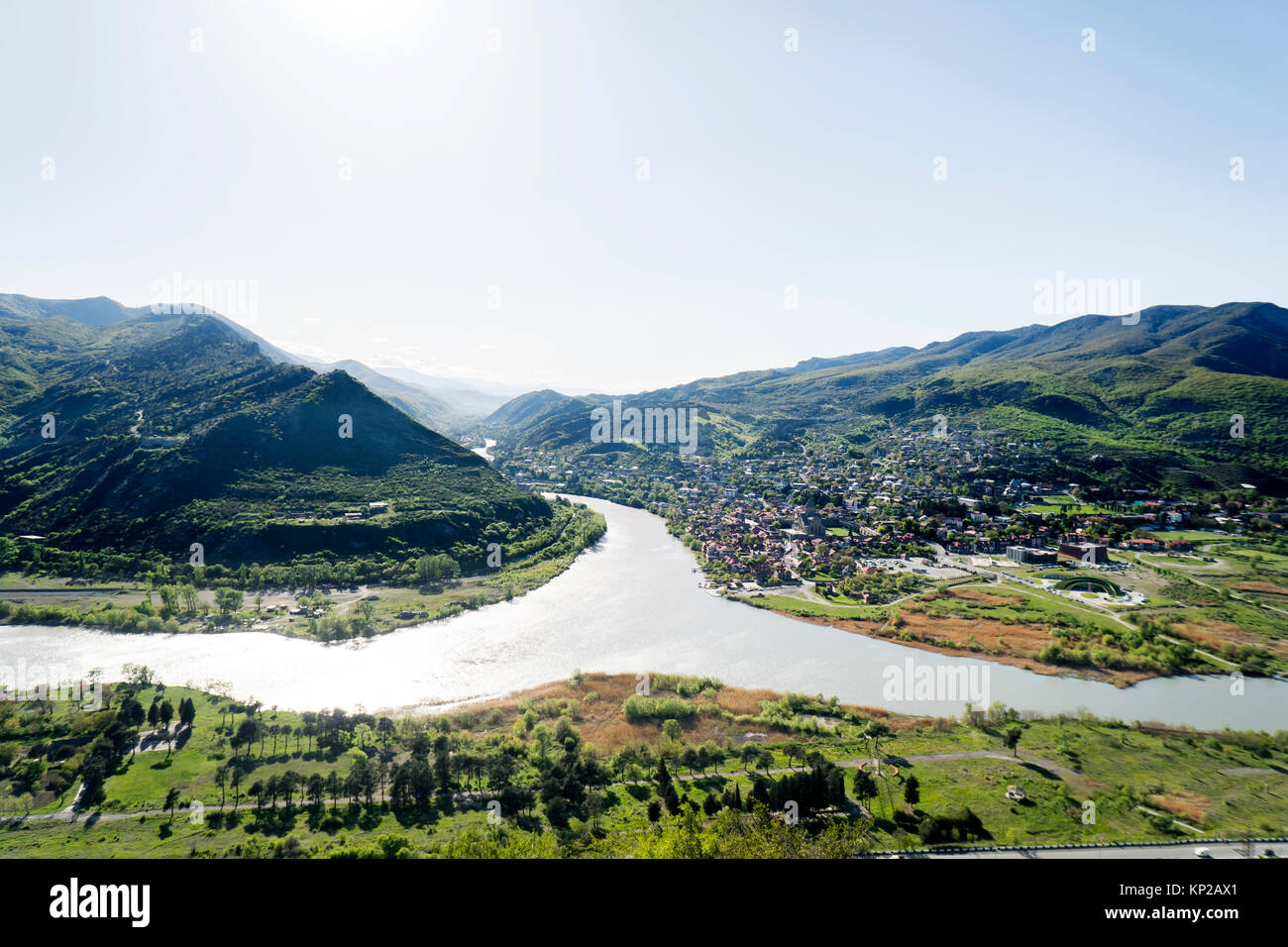 Panorama view on river and unesco town Mtskheta Stock Photo