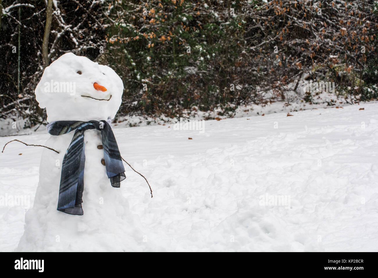 Snowman in the garden with snow falling around Stock Photo - Alamy