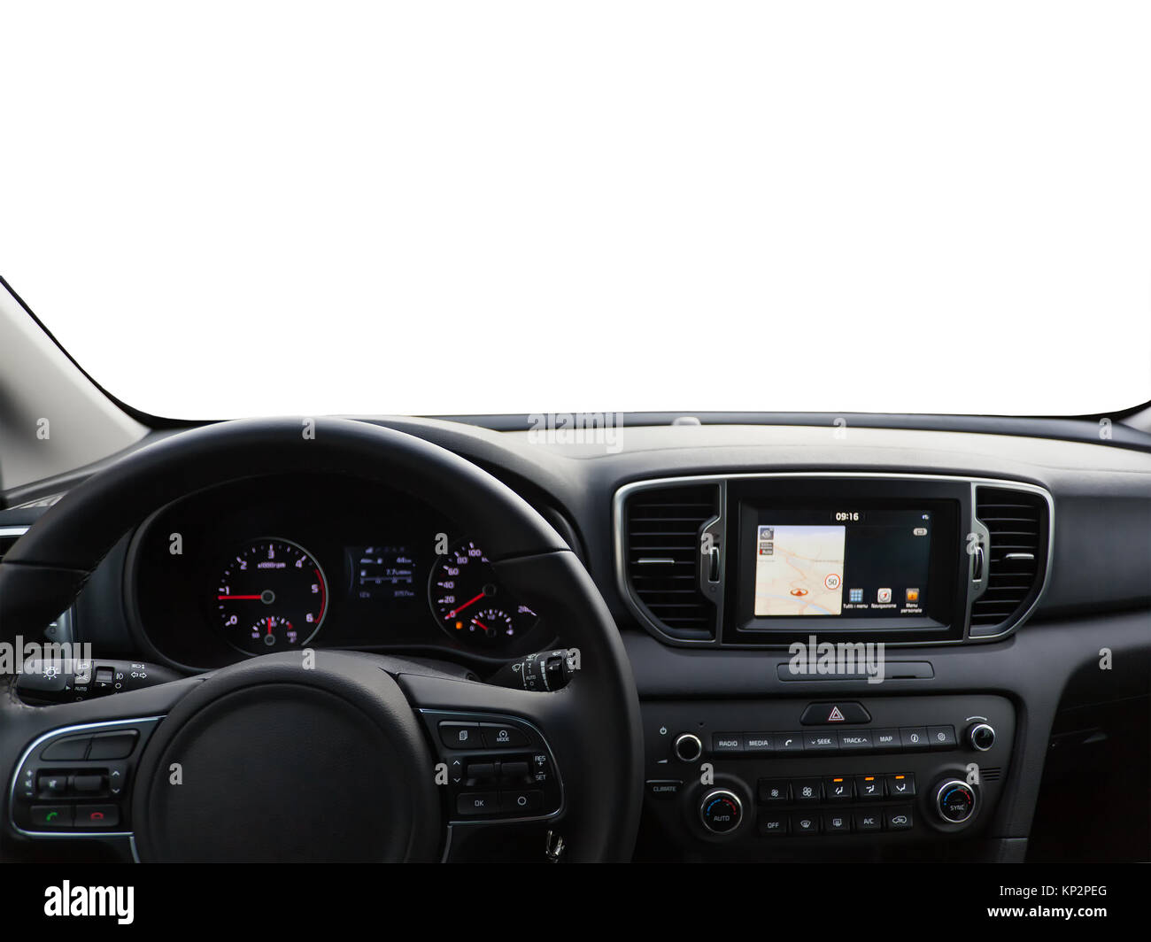 View of a car dashboard with a navigation unit. View of the empty windshield for customization. Stock Photo