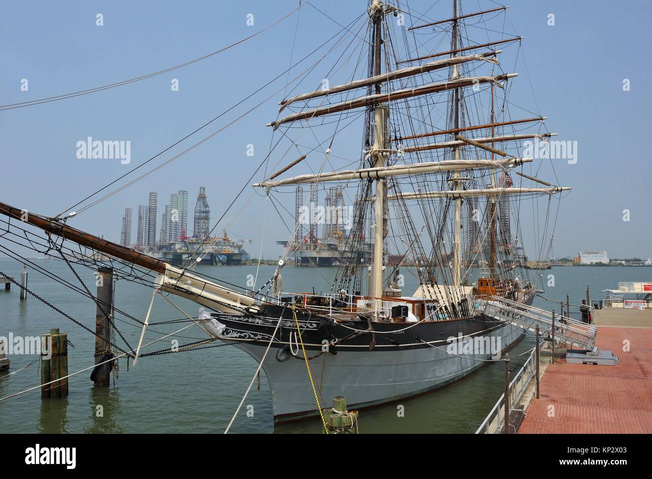 tall ship Elissa (1877), a threemasted barque moored in the port of