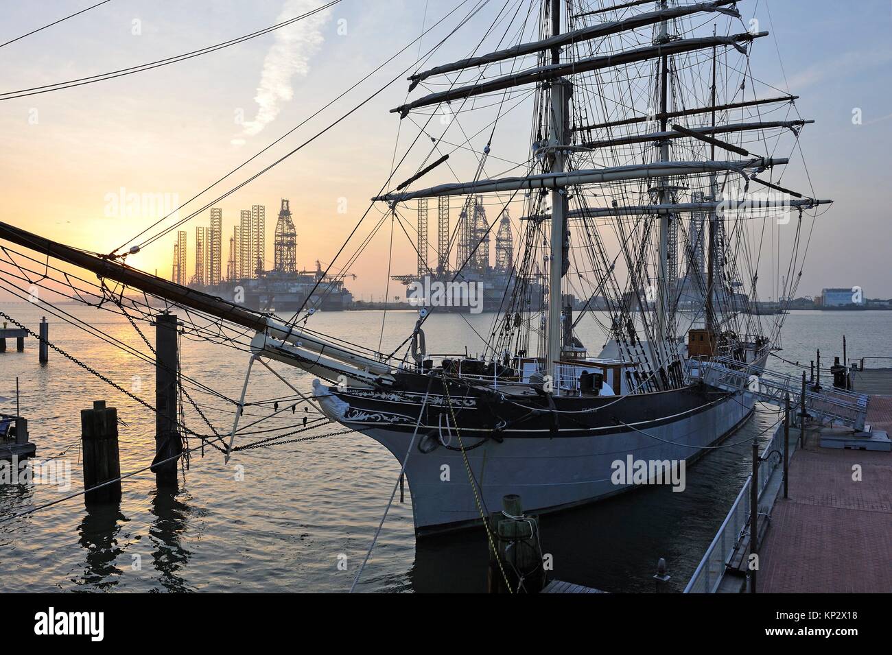 tall ship Elissa (1877), a threemasted barque moored in the port of