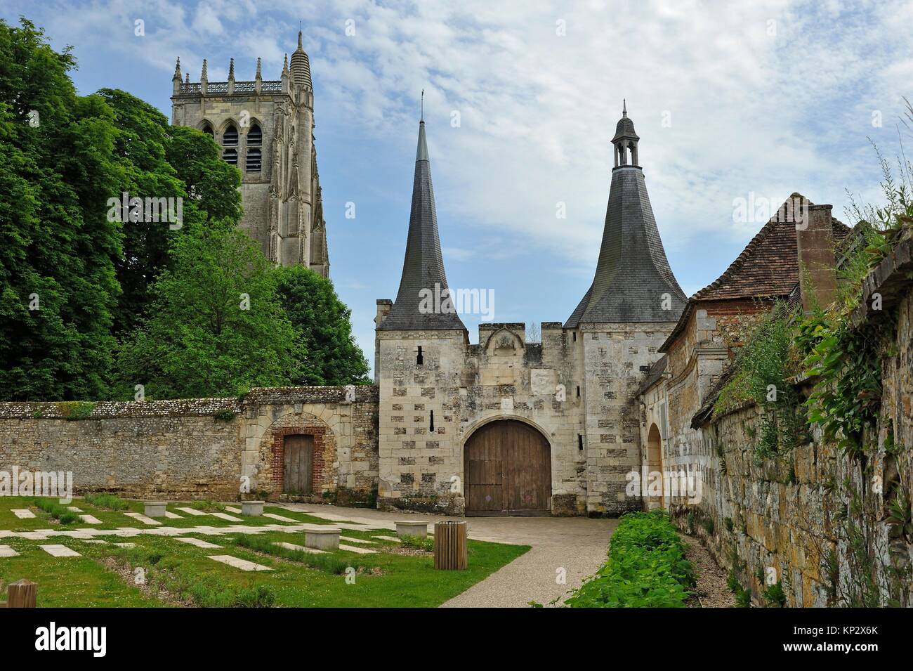 former main entrance of the Benedictine Abbey of Our Lady of Bec, Bec-Hellouin, labelled Les Plus Beaux Villages de France, Eure department, Stock Photo