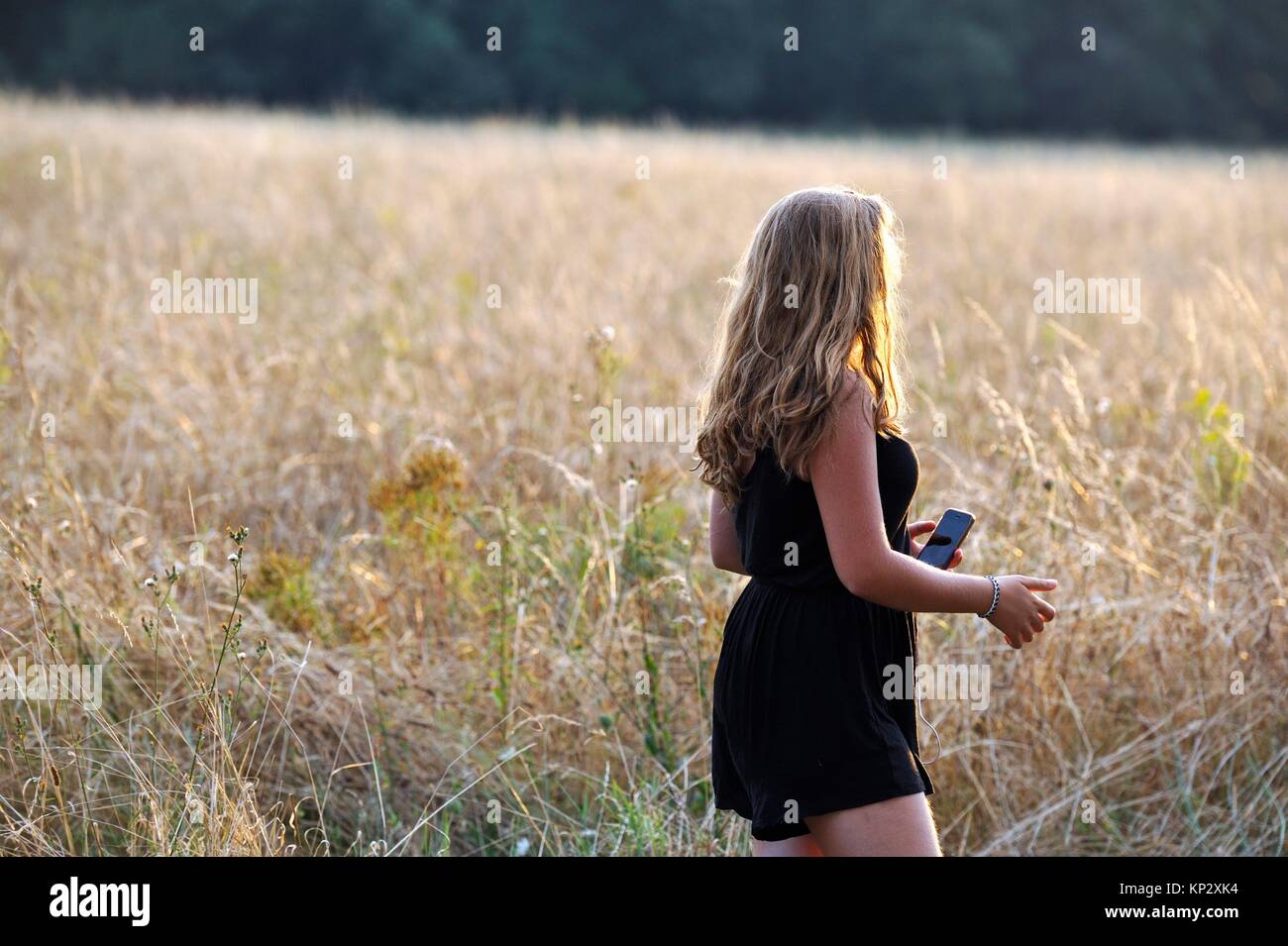 young girl listening music with her portable media player in a field at sunset, France, Europe. Stock Photo