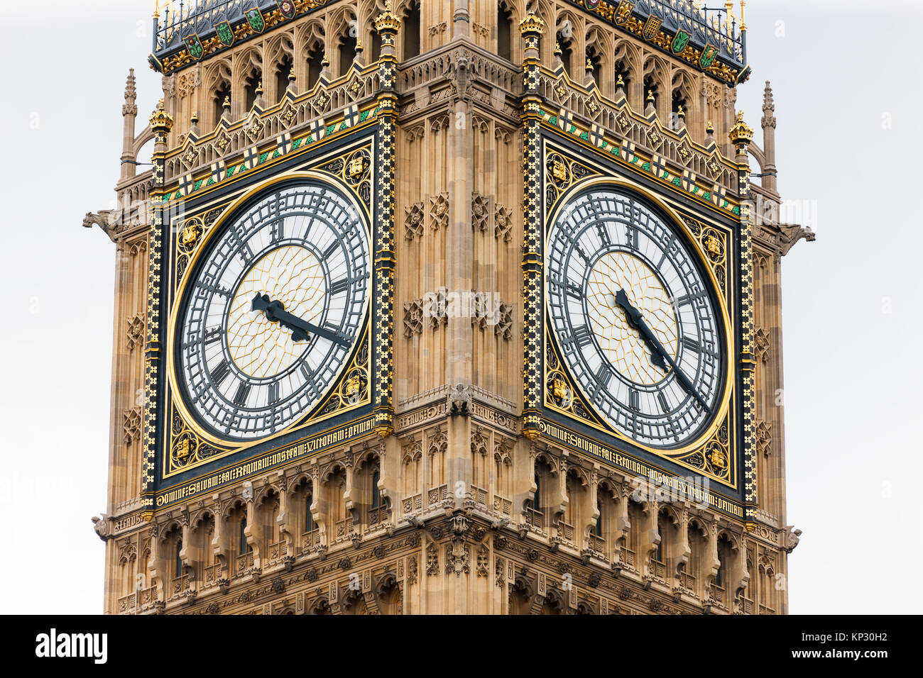 Big Ben Clock Tower, London, England, closeup of two of the four clock faces on the icon gothic landmark Stock Photo