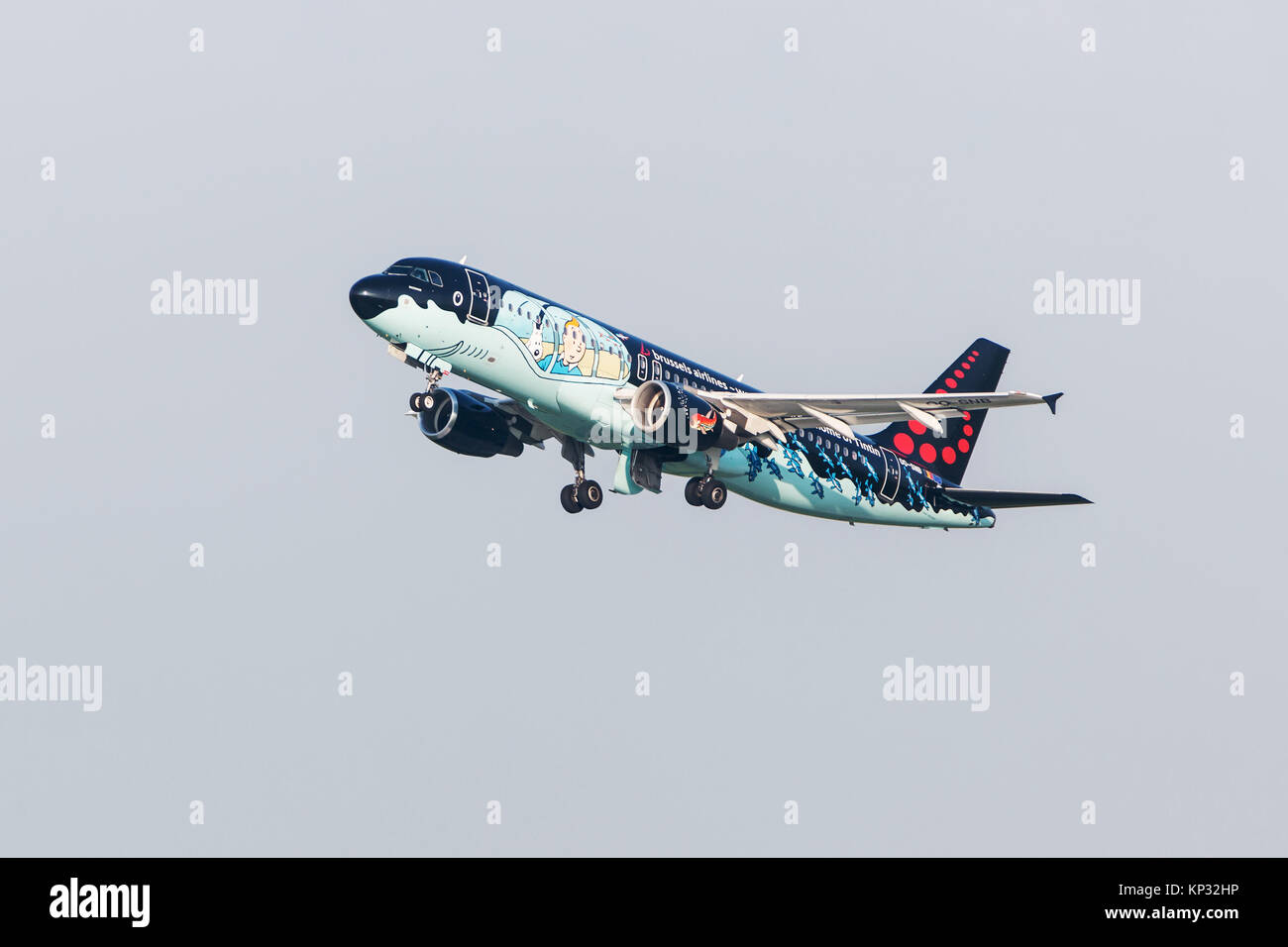 PRAGUE, CZE - MAY 12:  Brussels Airlines (Tintin comics Livery) Airbus A320-214 with identification OO-SNB takes off at Airport Vaclava Havla in Pragu Stock Photo