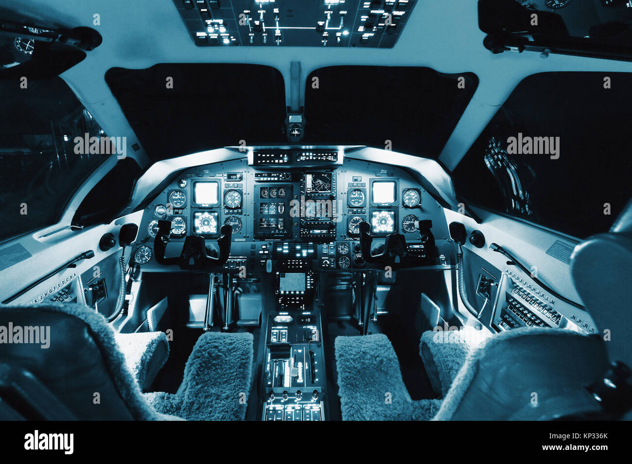 Aircraft interior, cockpit view inside turboprop plane. Stock Photo