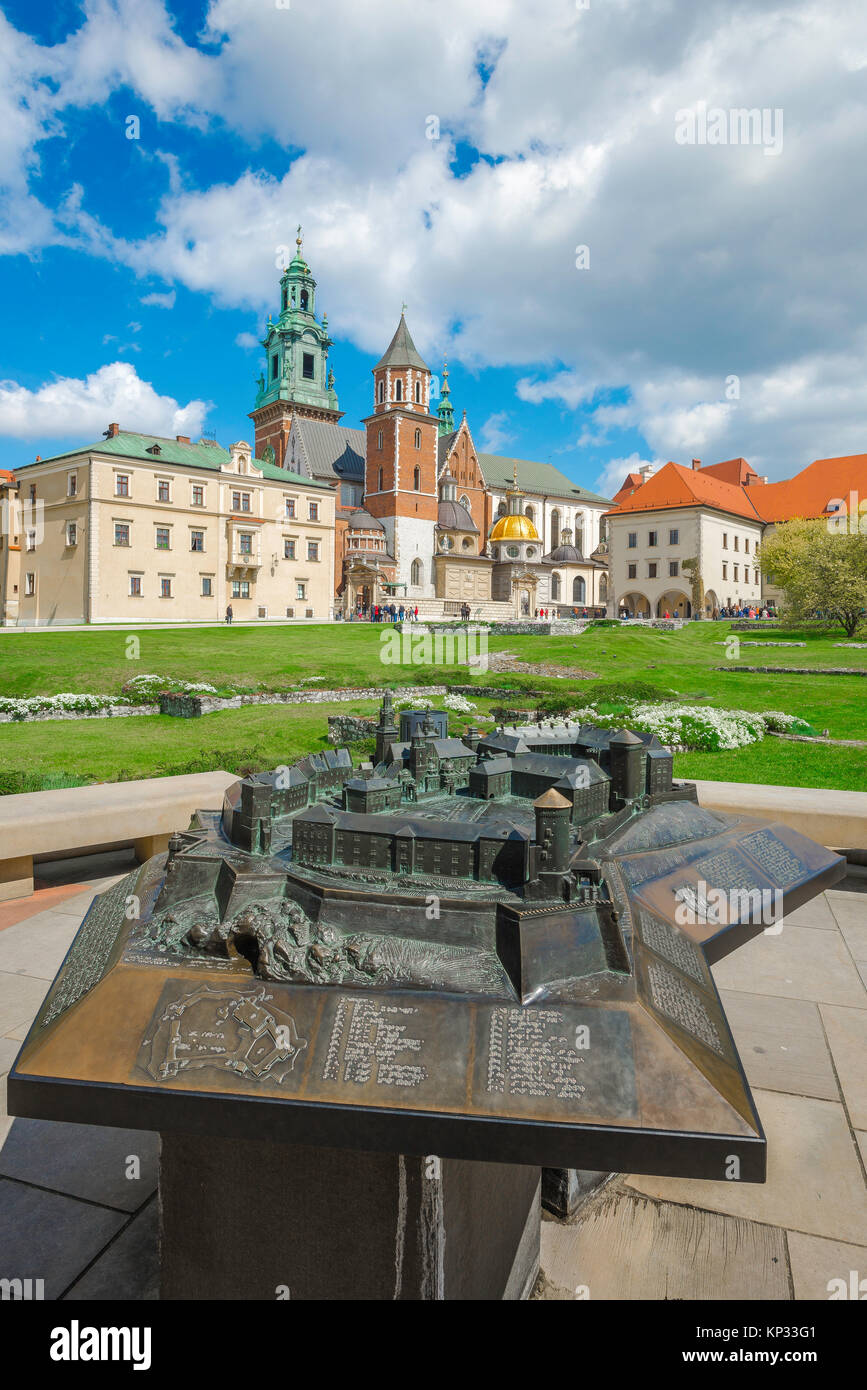 Wawel Hill Krakow, the Cathedral and Castle buildings on Wawel Hill, Krakow, with a scale model of the Wawel site in the foreground, Poland. Stock Photo