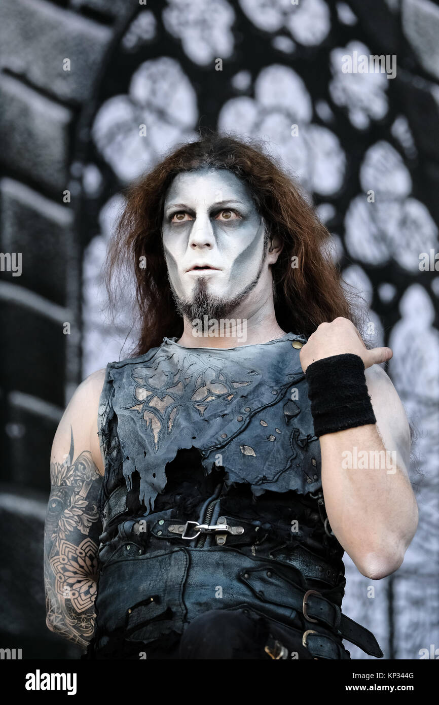 The German power metal band Powerwolf performs a live concert at the Swiss  music festival Greenfield Festival 2017 in Interlaken. Here guitarist  Matthew Greywolf is seen live on stage. Switzerland, 10/06 2017