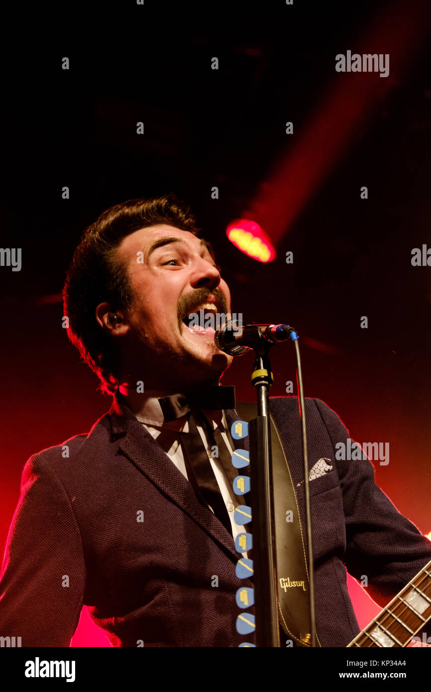 The Swedish rock band Royal Republic performs a live concert at Bierhubeli in Bern. Here singer