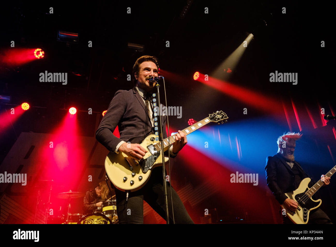 The Swedish rock band Royal Republic performs a live concert at Bierhubeli in Bern. Here singer