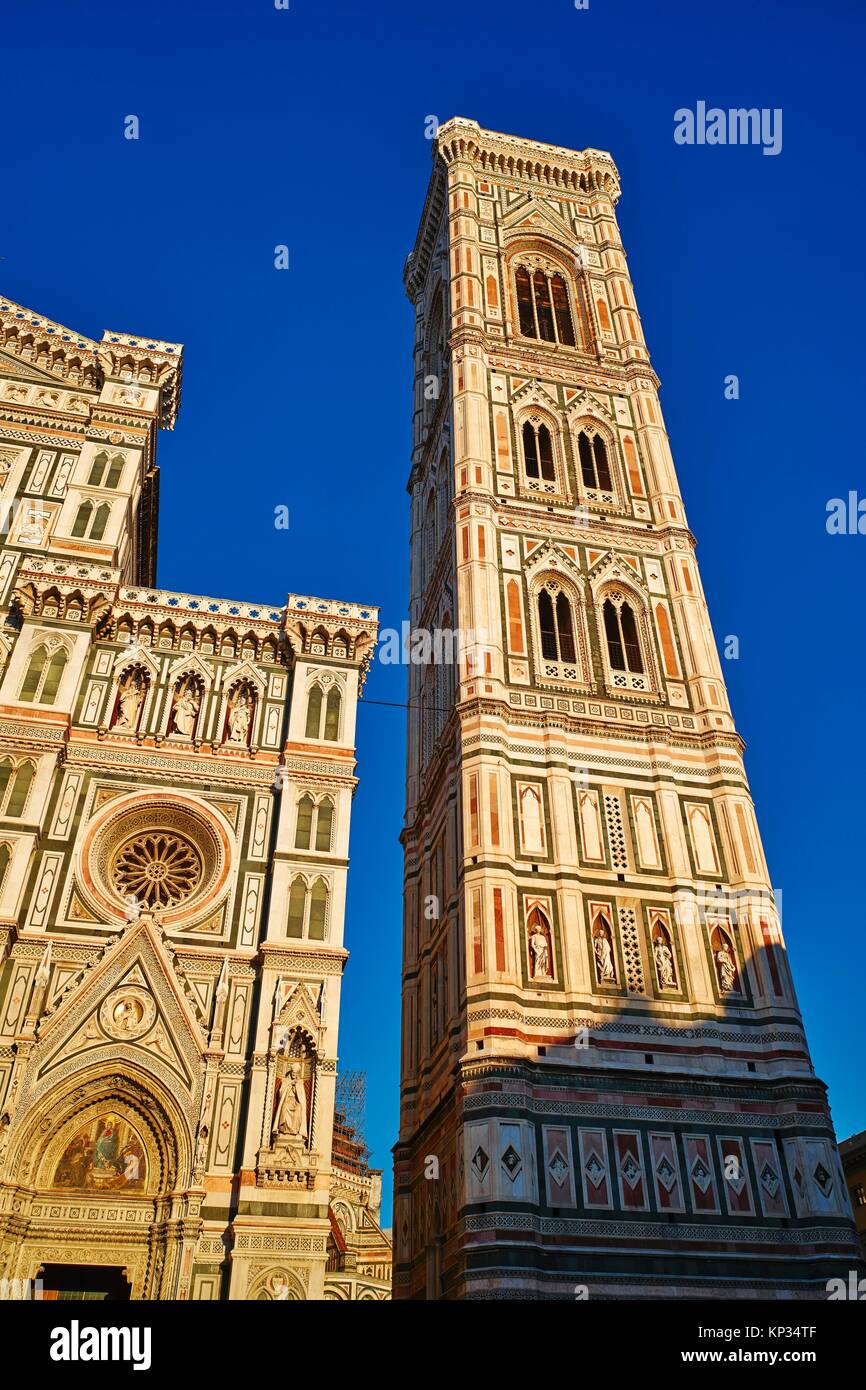 Giotto’s Campanile is a free-standing campanile that is part of the complex of buildings that make up Florence Cathedral on the Piazza del Duomo in Stock Photo