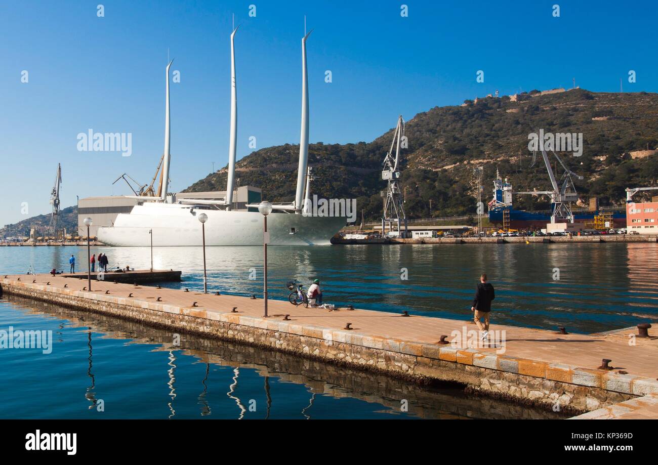 Sailing Yacht A on background, Harbour, Promenade, Cartagena City