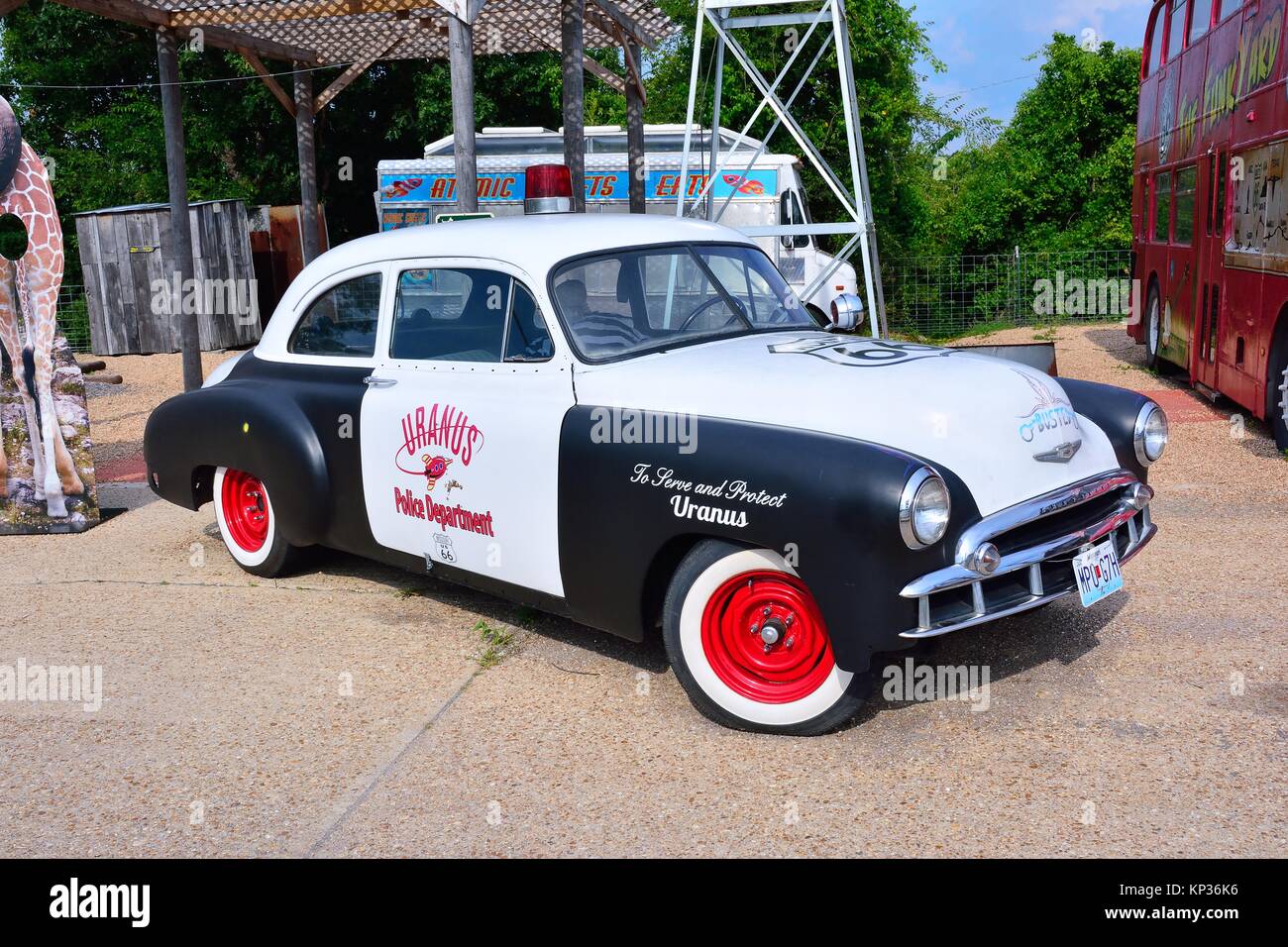 St. Robert, Missouri July 18, 2017 Uranus fudge factory and general store. Police car on