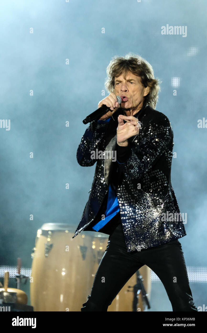 Switzerland, Zurich - September 20, 2017. The Rolling Stones, the legendary  English rock band, performs a live concert at the Letzigrund Stadium in  Zurich. Here singer and songwriter Mick Jagger is seen