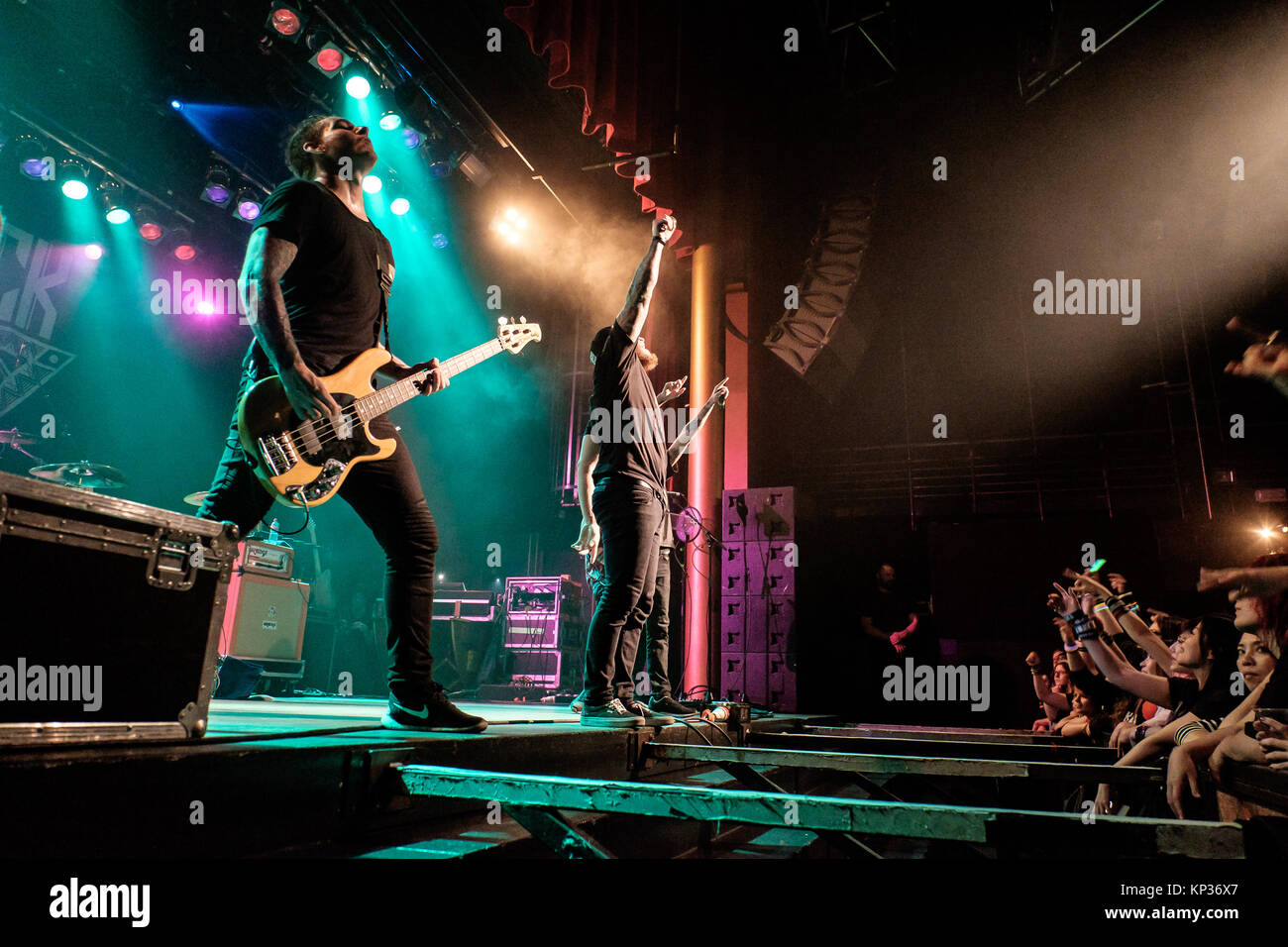 The American metalcore band We Came as Romans performs a live concert at  X-Tra in Zürich. Here vocalist Dave Stephens is seen live on stage with  bass player Andy Glass (L). Switzerland,