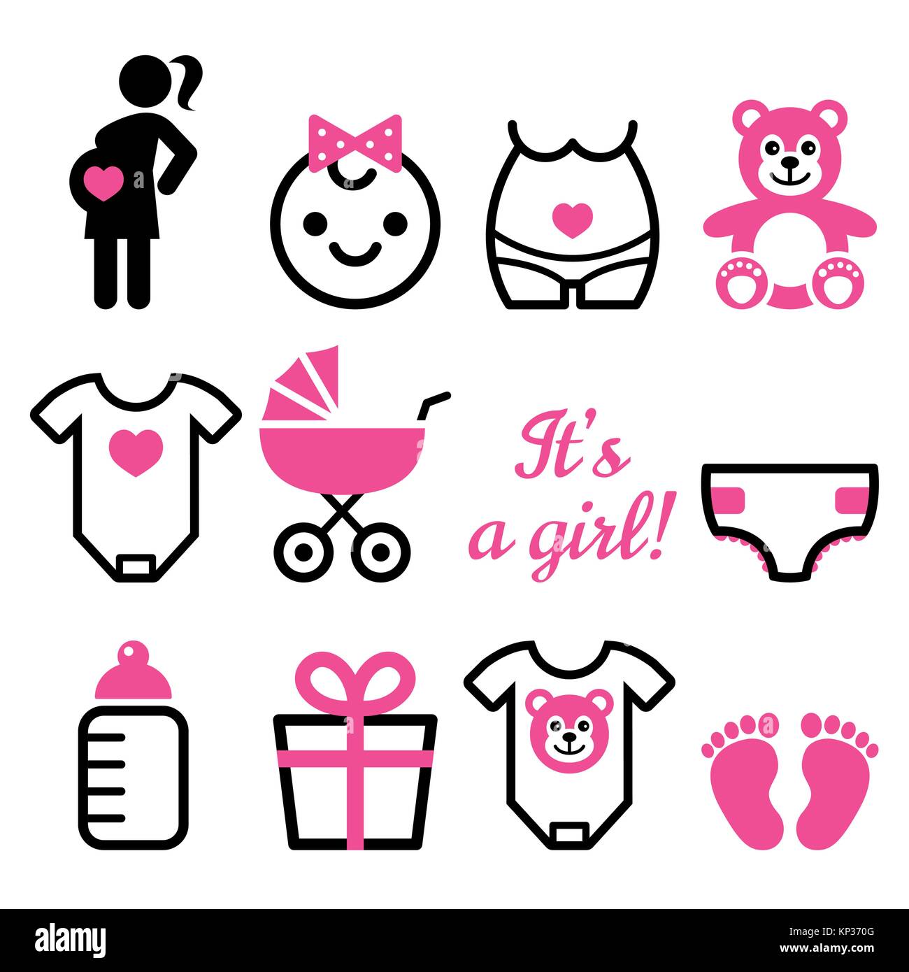 Baby girl shower vector icons set, pregnant womant with girl, newborn baby design Stock Vector