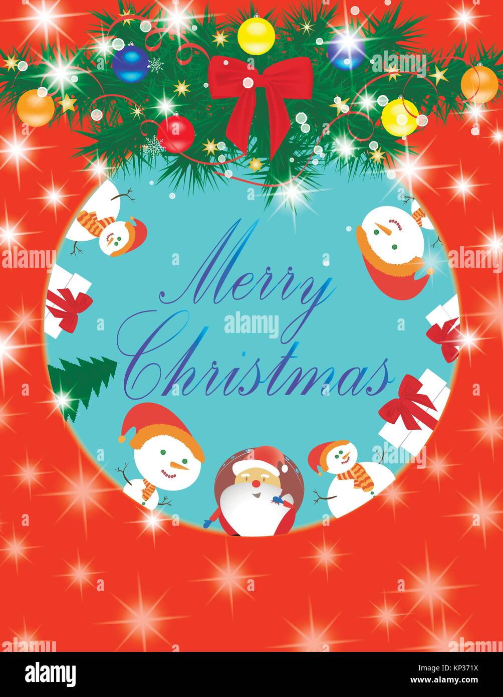 Merry Christmas Card Santa Claus, snowman, gift Stock Vector