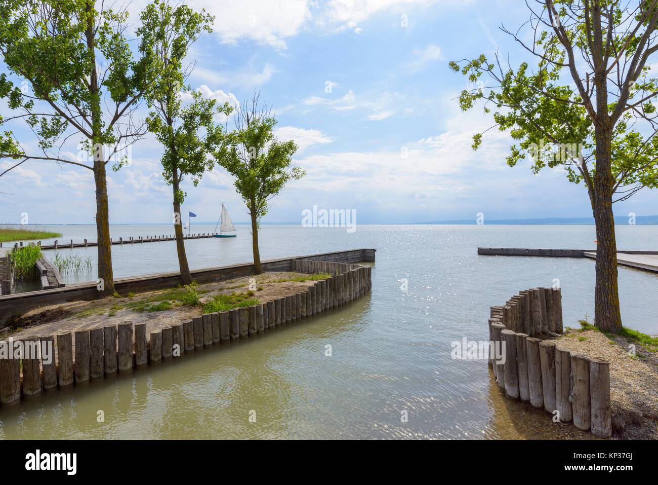 Shore fastening on lake, Weiden, Lake Neusiedl, Burgenland, Austria, Europe. Stock Photo