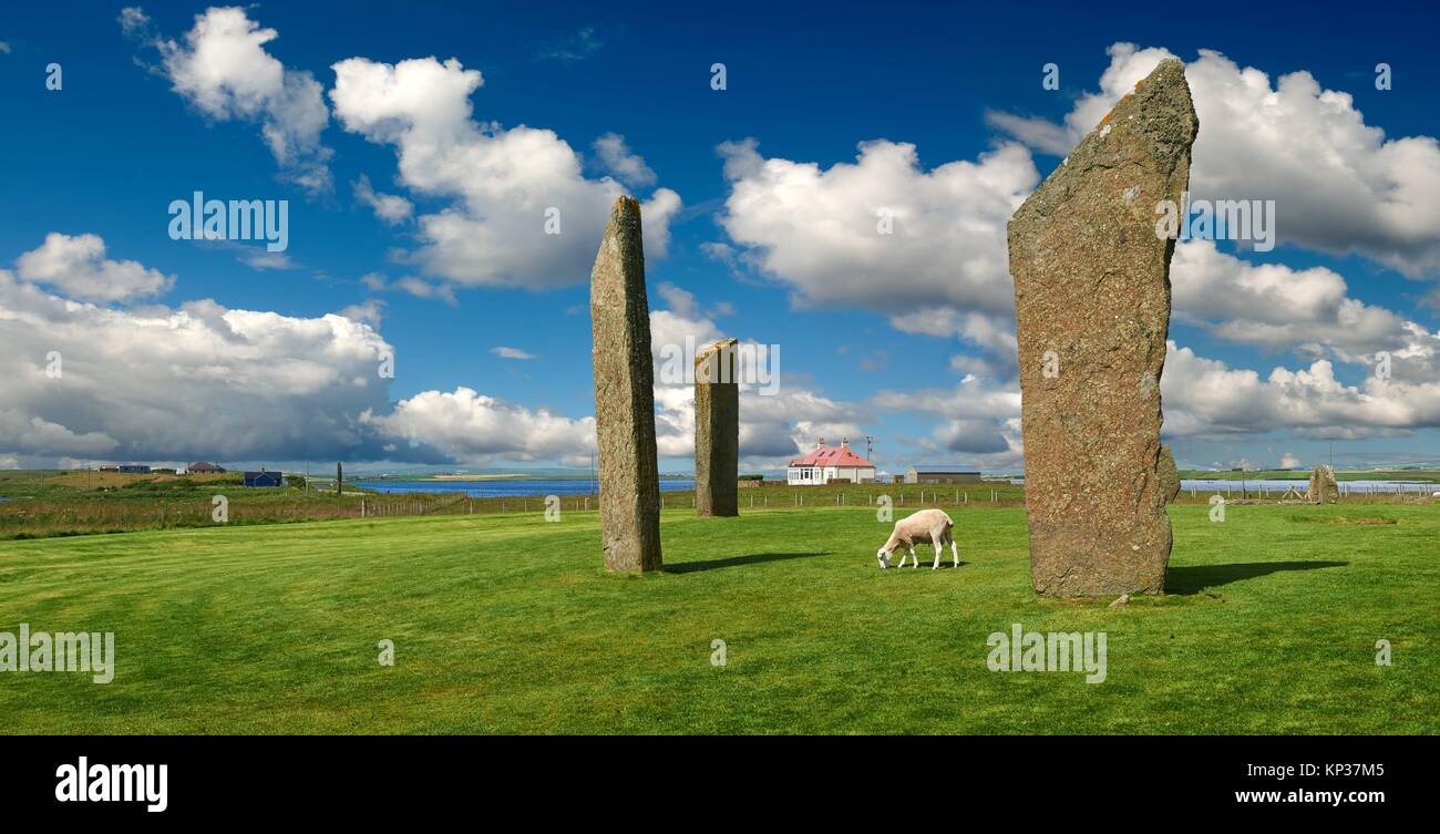 Neolithic Standing Stones of Stenness, Isle of Orkney, Scotland. Stock Photo