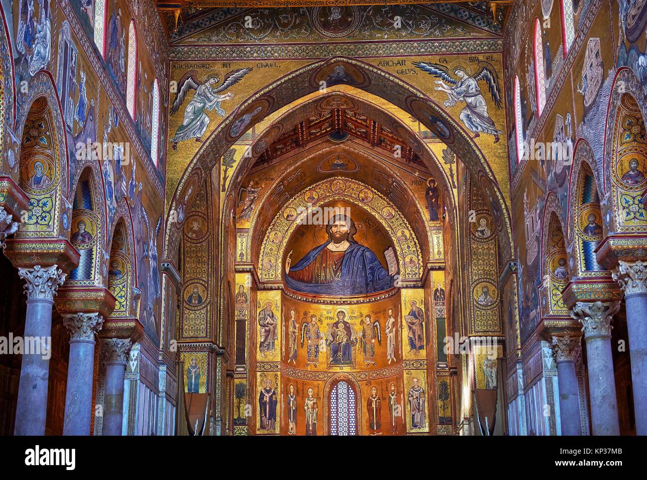 Christ Pantocrator mosaics of the Norman-Byzantine medieval cathedral of Monreale, province of Palermo, Sicily, Italy. Stock Photo