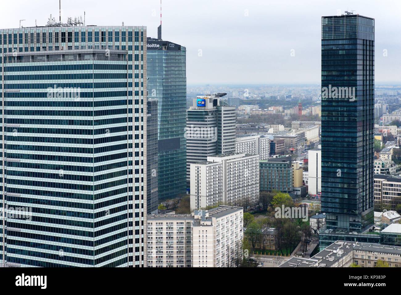 Panoramic view of city center of Warsaw, first to left skyscraper - Emilii Plater street number 53 is WFC - Warsaw Financial Center, behind WFC - Stock Photo