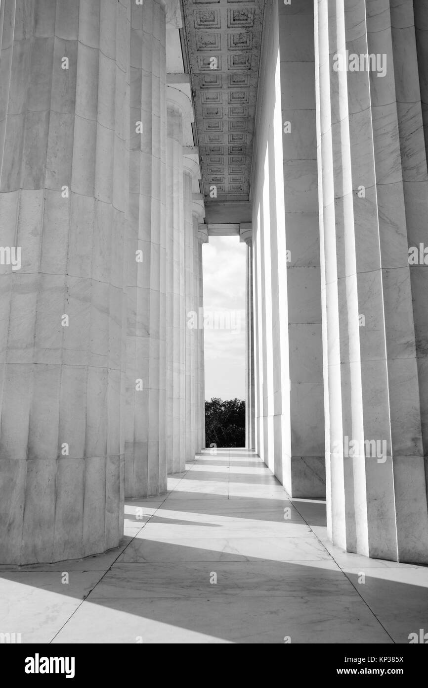 Monochrome black and white portrait view of the columns of the Lincoln Memorial, Washington DC, USA Stock Photo