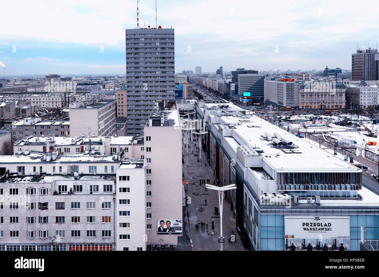 Aerial view of city center of Warsaw, passage - pasaz - Stefana Wiecheckiego Wiecha in the middle, parallel on right - Marszalkowska street - main Stock Photo