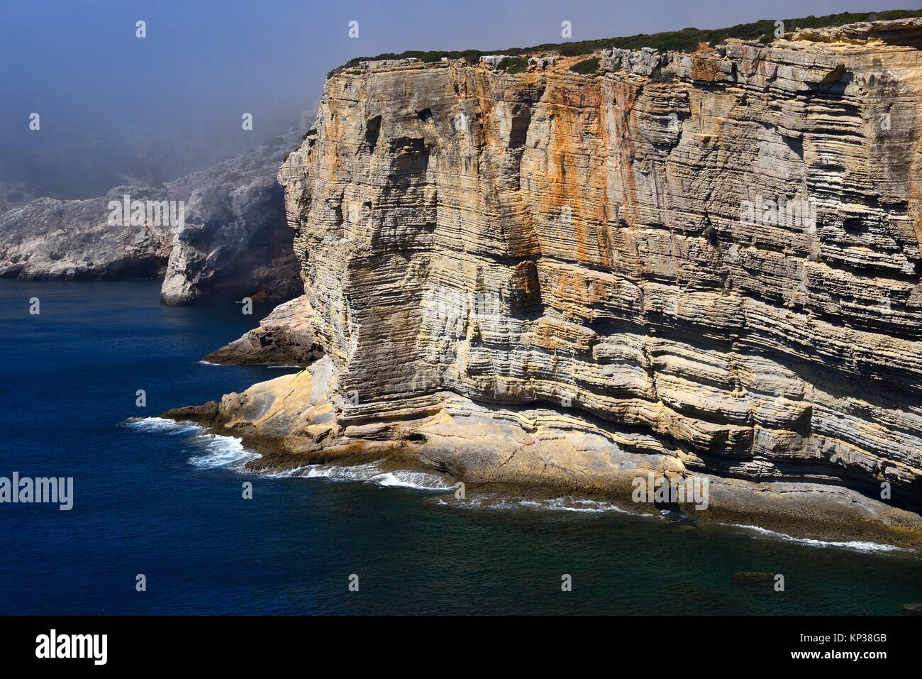 Atlantic Ocean shore, monumental cliffs near Cape St. Vincent - Cabo de São Vicente, Costa Vicentina - Vicentine Coast, Sagres, Vila do Bispo, Stock Photo