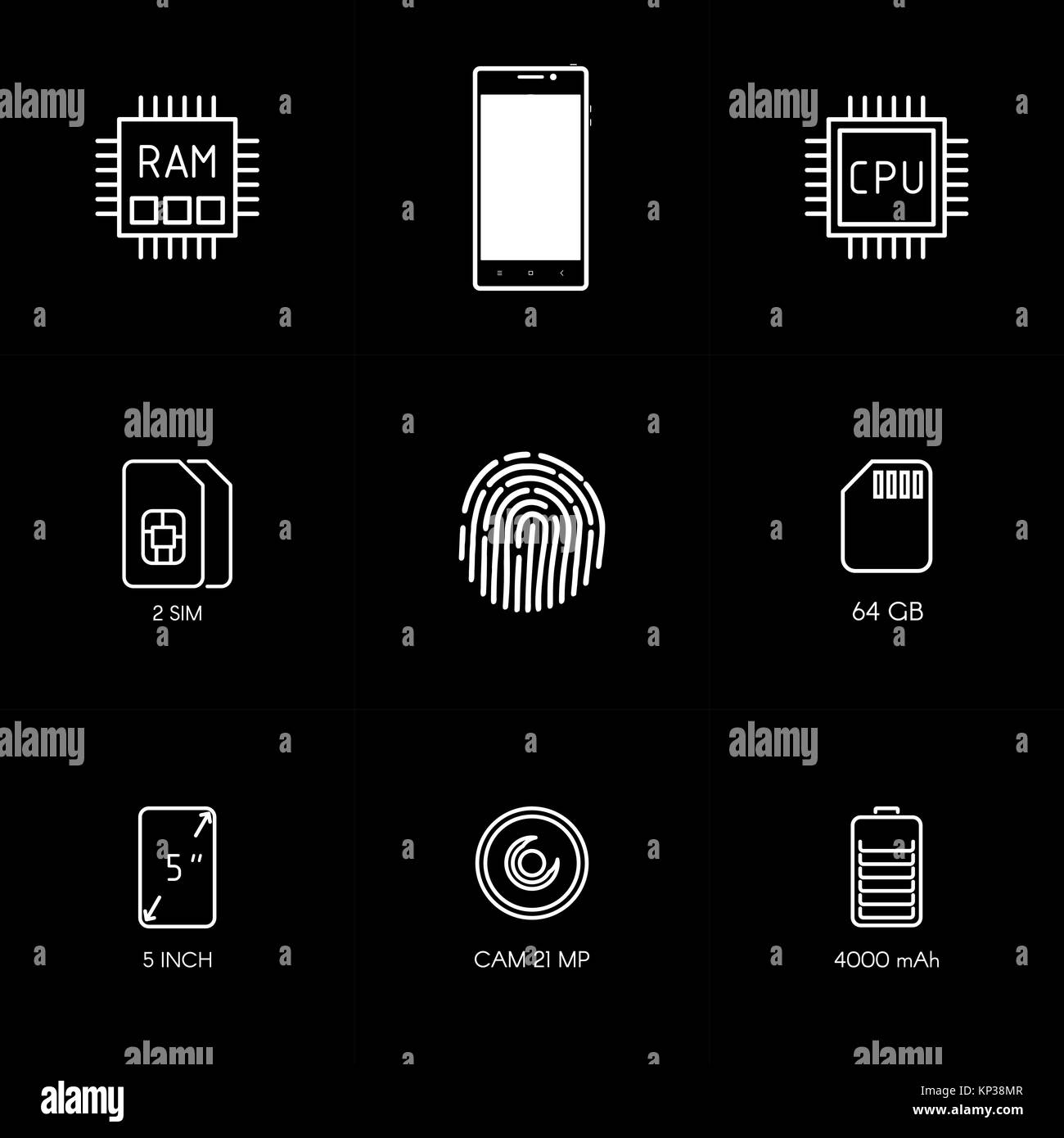 Smartphone specification flat line icons. Gadget description. Icon set vector. Stock Vector