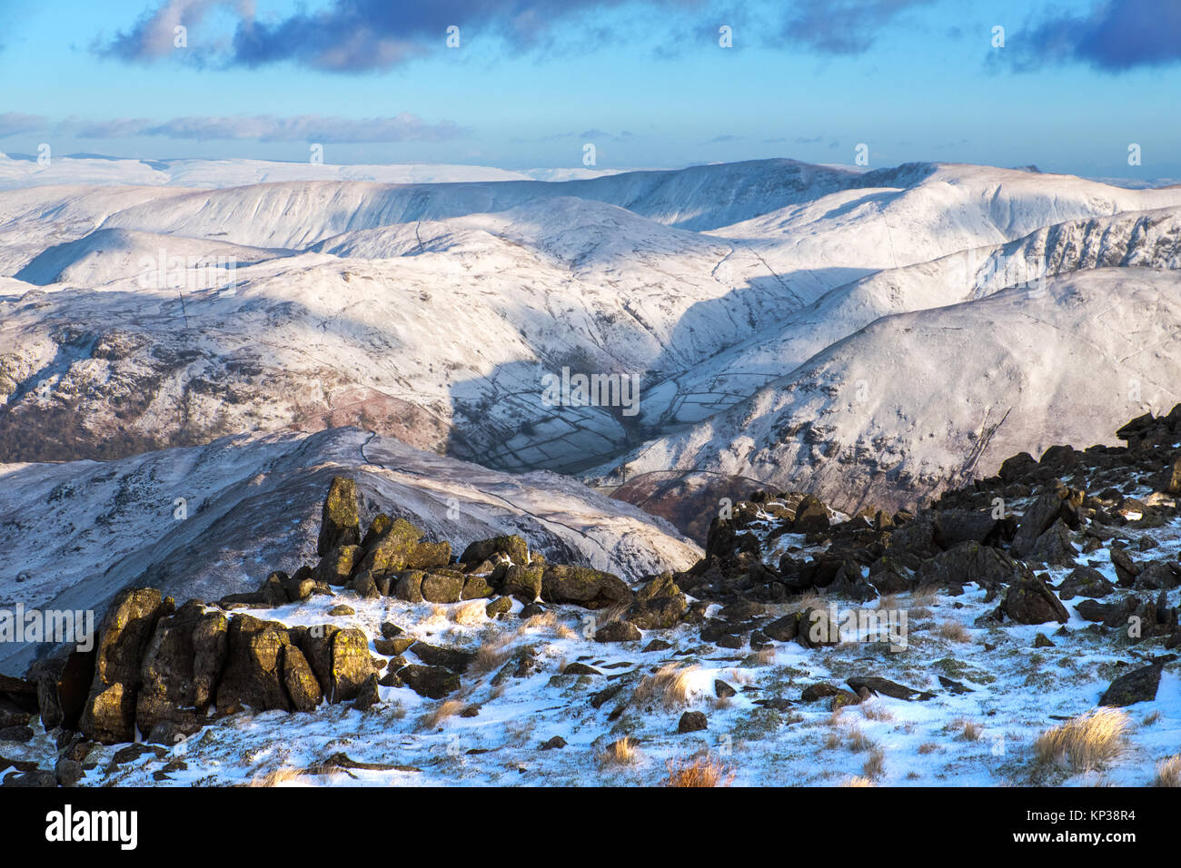 The Eastern Fells - Hayeswater,The Knott,High Street,High Raise, Gray Crag, Rampsgill Head - in winter, viewed freom St Sunday Crag. Lake District Stock Photo