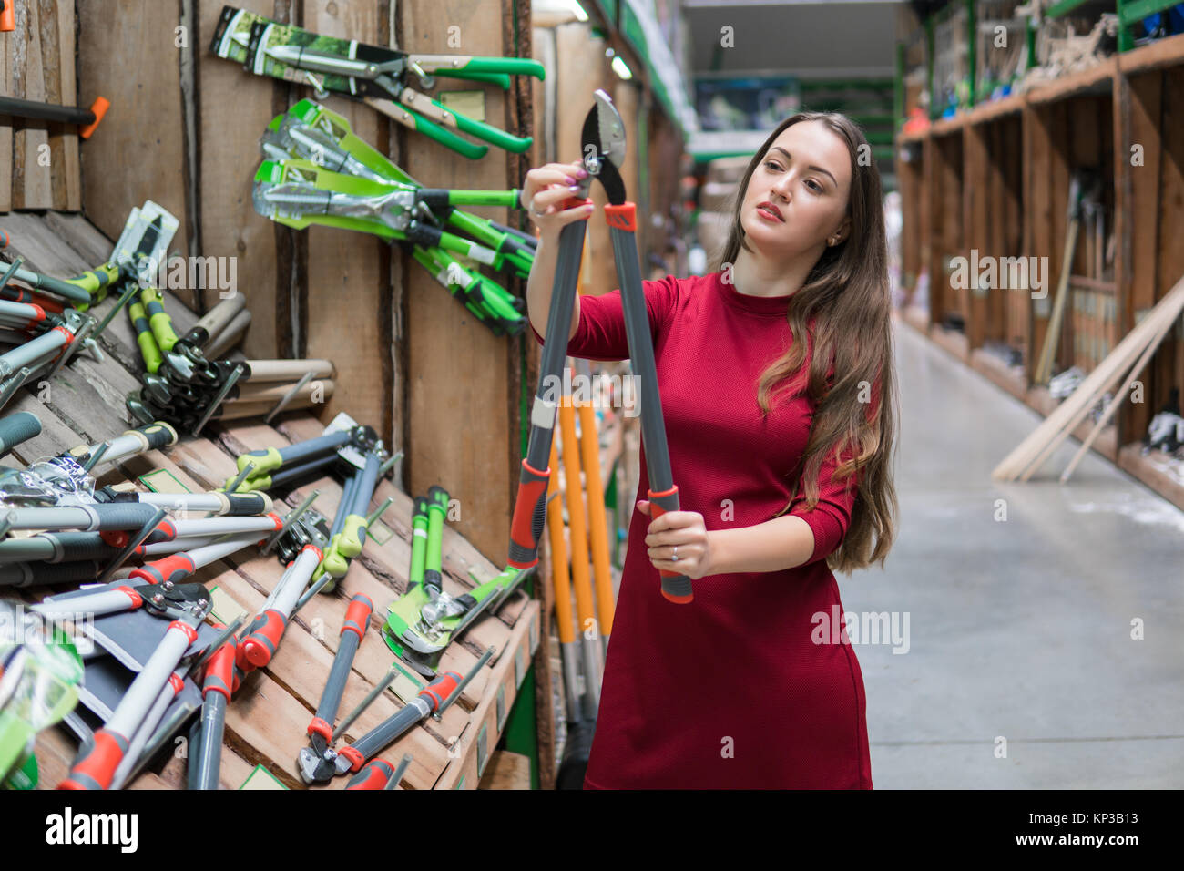 Customer woman buy garden maintenance tools. Stock Photo