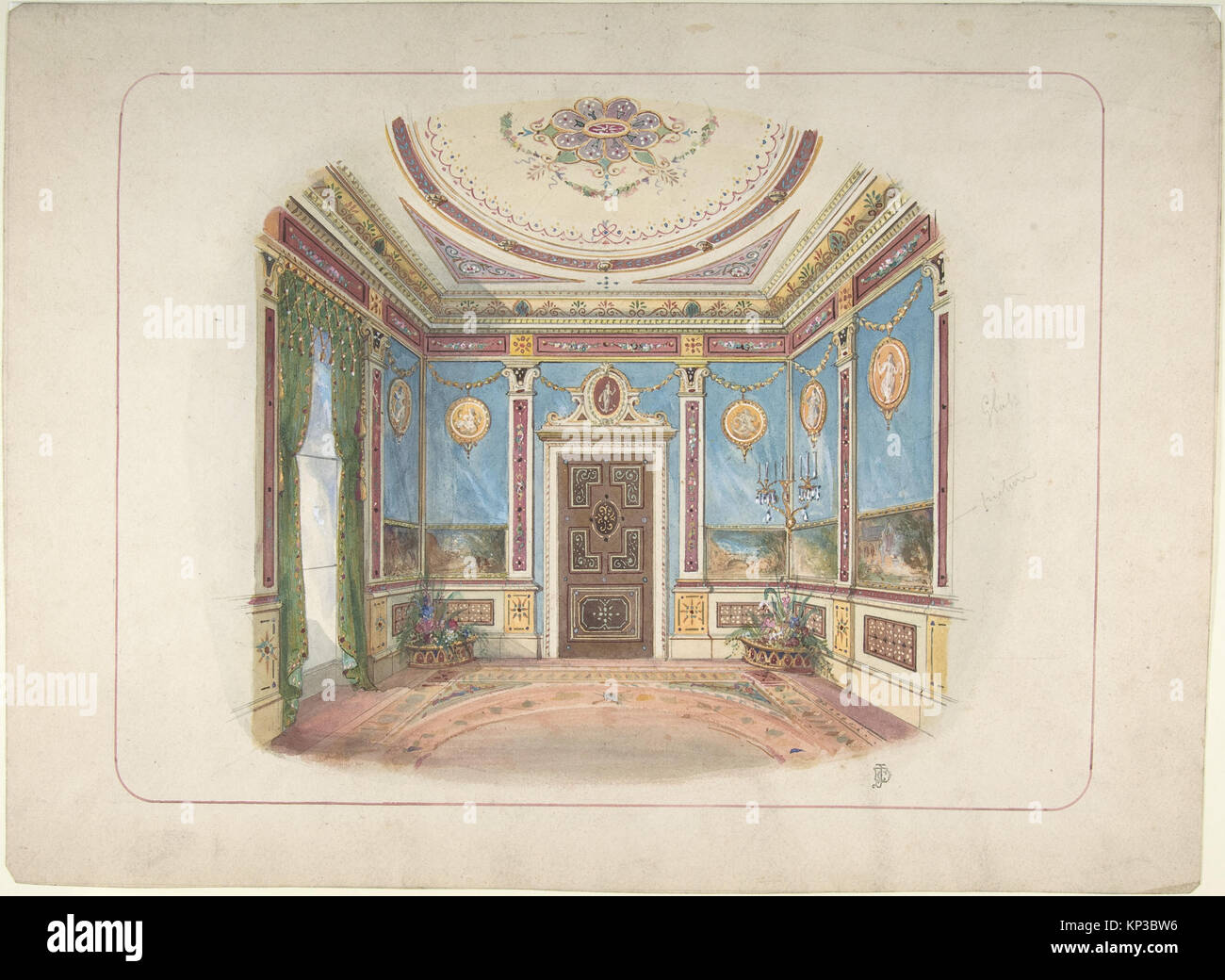 Architectural drawing showing interior design elements, furniture ...