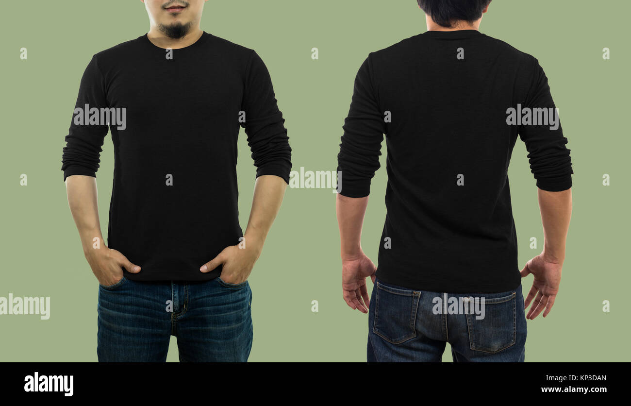 A guy wearing blank crew neck long t-shirt while standing on the green background, isolate include clipping path, fashion mockup and designer concept, Stock Photo