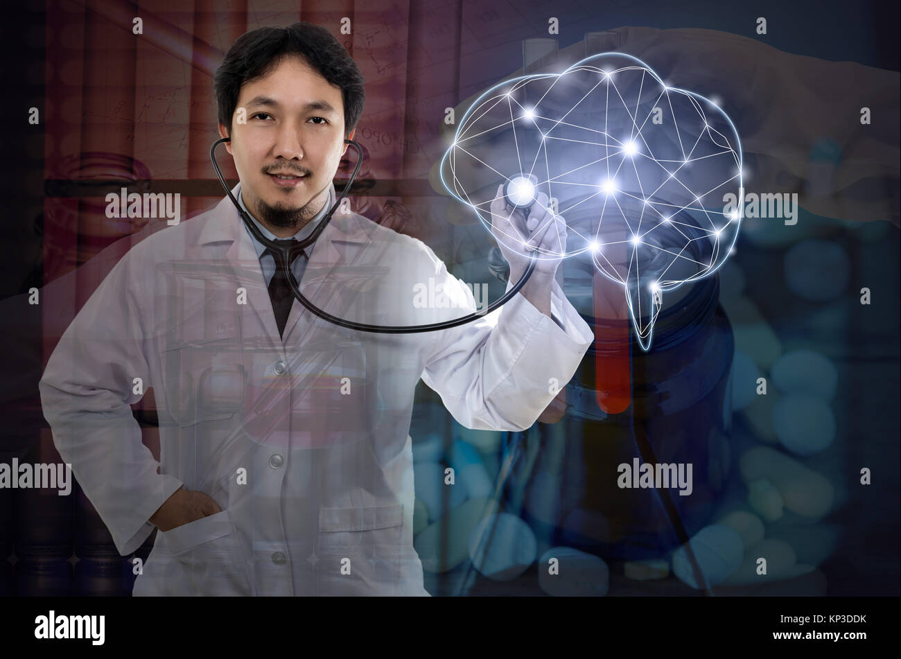 Asian Doctor hand holding the stethoscope equipment on brain over the ...