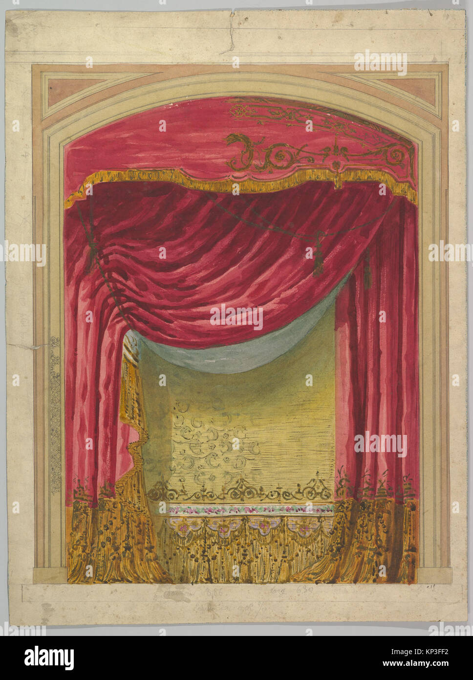 Illustrated stage set design showing layout, scenery, and architectural ...