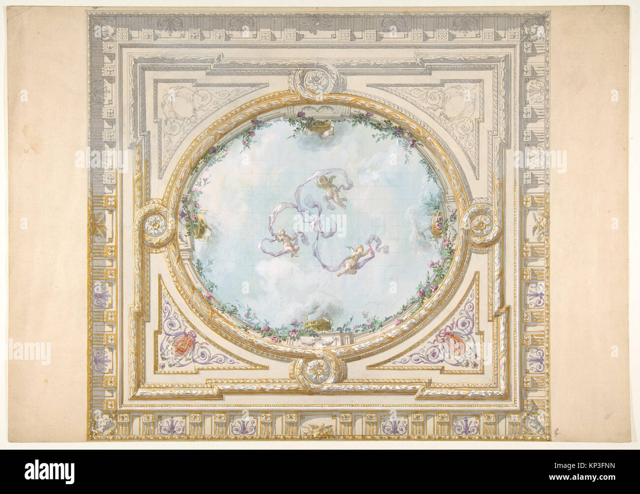 Depiction of a Rococo ceiling featuring a trompe l'oeil oculus ...