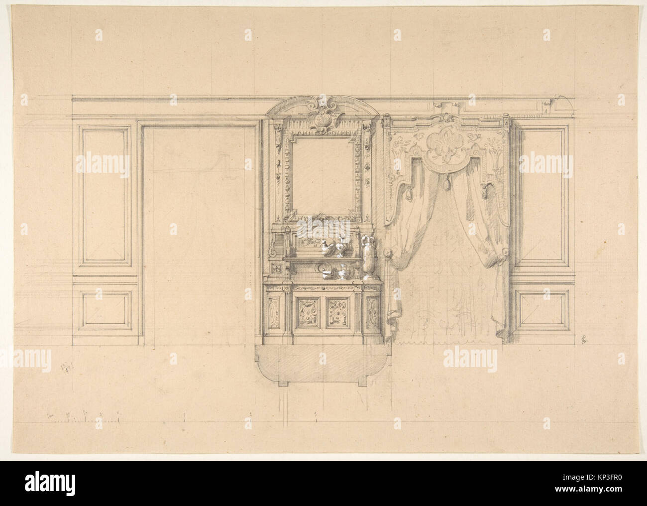 Elevation of a dining room with a carved buffet and window draperies