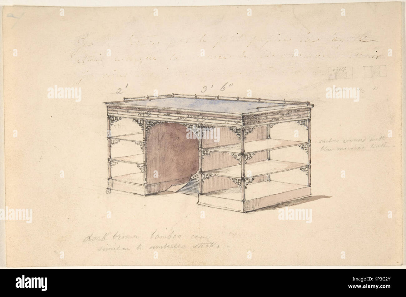Illustration showing design for a desk with shelves and a gallery ...