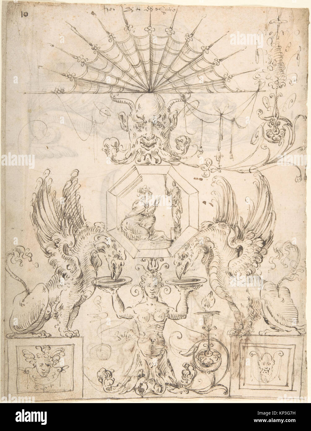 Grotesque Design with an Octagonal Panel in the Center and Two Griffins Drinking from PLates held up by a Hybrid Creature (recto); Two Turtles above a Scene with Four Figures (verso) MET DP800320 337501 Stock Photo