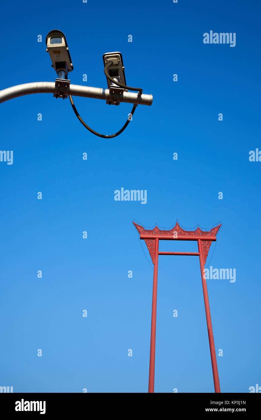 The Giant Swing and the security cameras, Bangkok, Thailand Stock Photo