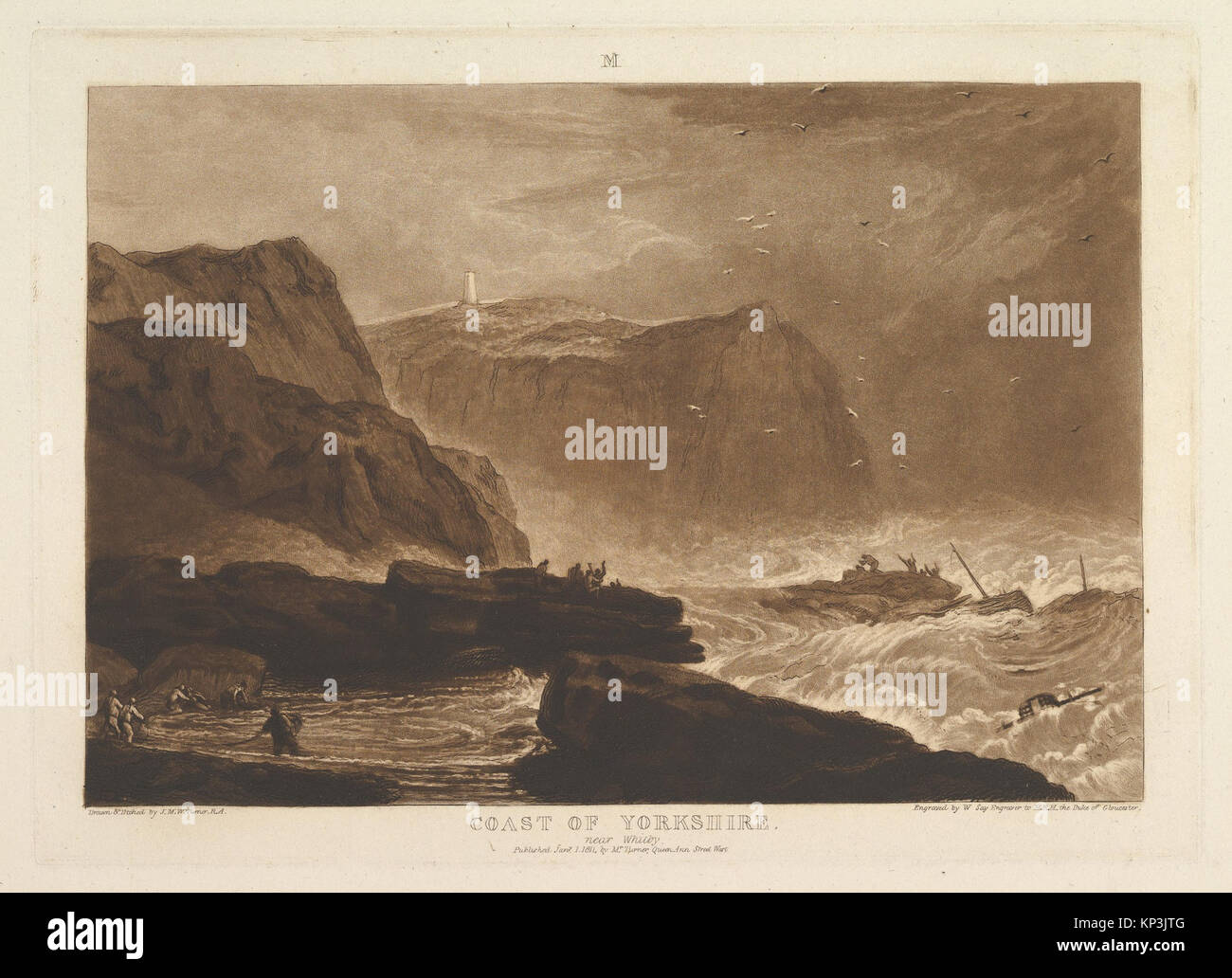 Coast of Yorkshire, Near Whitby (Liber Studiorum, part V, plate 24) MET DP821394 382927 Artist: Designed and etched by Joseph Mallord William Turner, British, London 1775?1851 London, Engraver: William Say, British, Lakenham, near Norwich 1768?1834 London, Publisher: Joseph Mallord William Turner, British, London 1775?1851 London, Coast of Yorkshire, Near Whitby (Liber Studiorum, part V, plate 24), January 1, 1811, Etching and mezzotint; first state of four, plate: 7 1/16 x 10 1/2 in. (17.9 x 26.7 cm) sheet: 8 1/4 x 11 1/2 in. (21 x 29.2 cm). The Metropolitan Museum of Art, New York. Harris Br Stock Photo