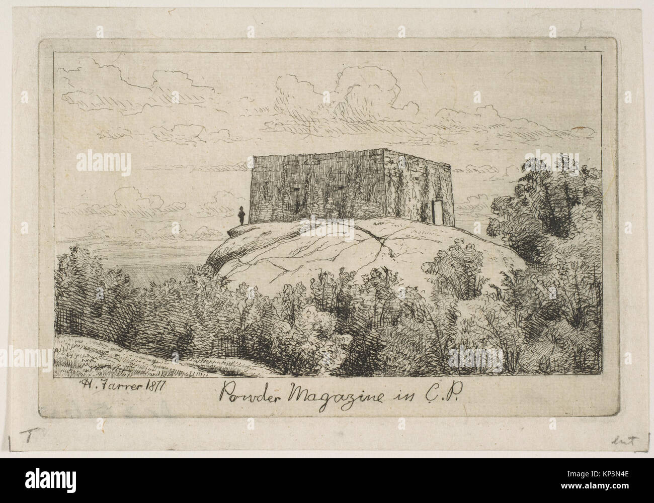 A Powder Magazine in Central Park (from Scenes of Old New York) MET DP818536 380994 Artist: Henry Farrer, American, London 1844?1903 New York, A Powder Magazine in Central Park (from Scenes of Old New York), 1877, Etching, plate: 3 3/16 x 4 13/16 in. (8.1 x 12.3 cm) sheet: 3 11/16 x 5 1/4 in. (9.4 x 13.4 cm). The Metropolitan Museum of Art, New York. The Edward W. C. Arnold Collection of New York Prints, Maps and Pictures, Bequest of Edward W. C. Arnold, 1954 (54.90.932) Stock Photo