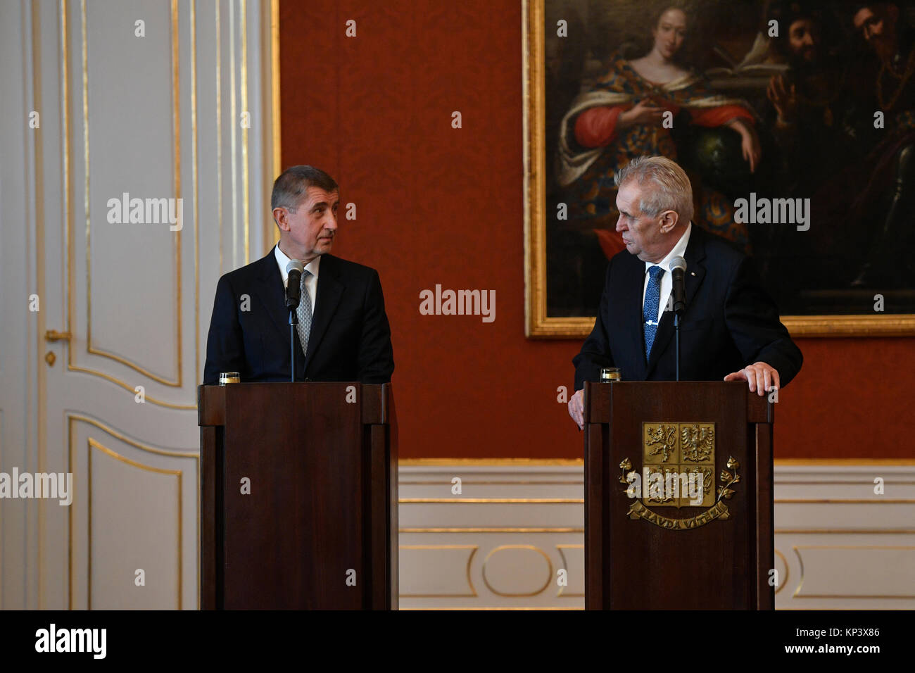 Prague, Czech Republic. 13th Dec, 2017. Czech President Milos Zeman (right) appointed one-colour government headed by Andrej Babis (left) in Prague, Czech Republic, on December 13, 2017. It is comprised of nine new and five current ministers. Credit: Michal Kamaryt/CTK Photo/Alamy Live News Stock Photo